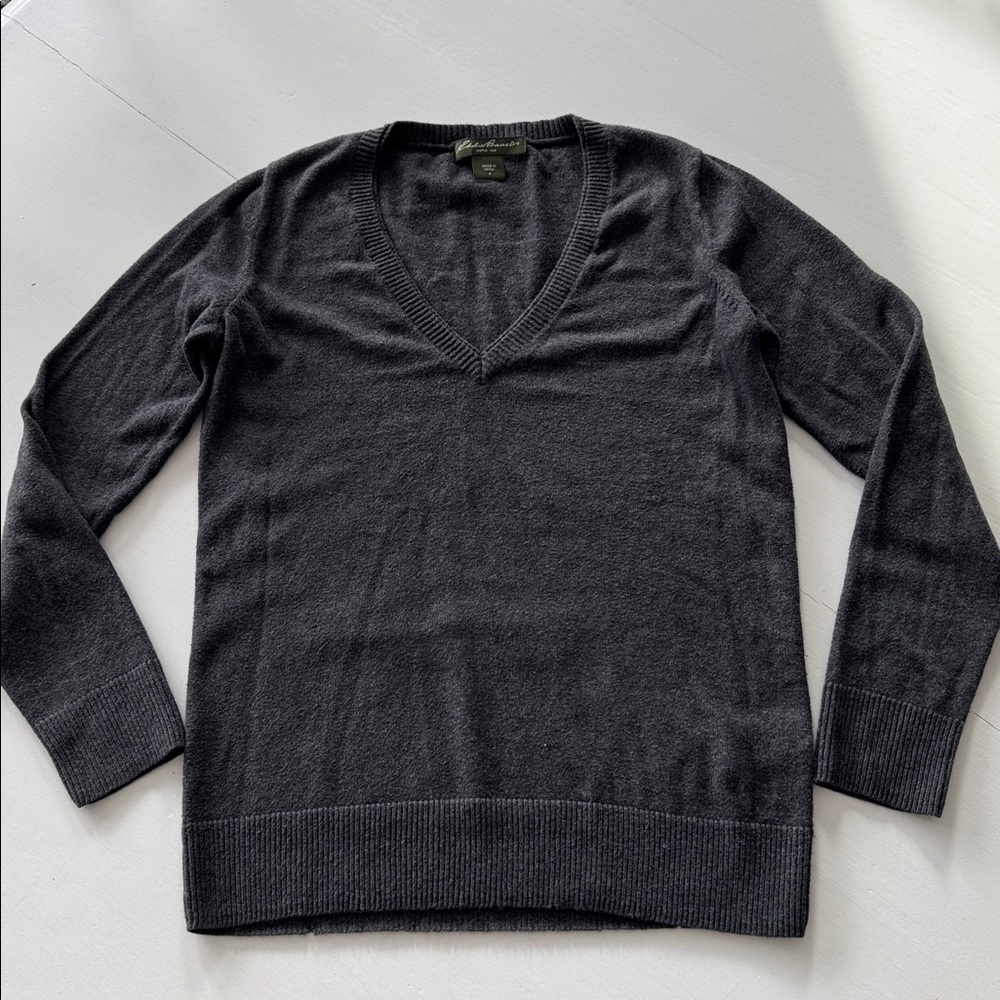 Women’s Eddie Bauer Dark Gray V-Neck Cotton Cashmere Sweater Sz Small